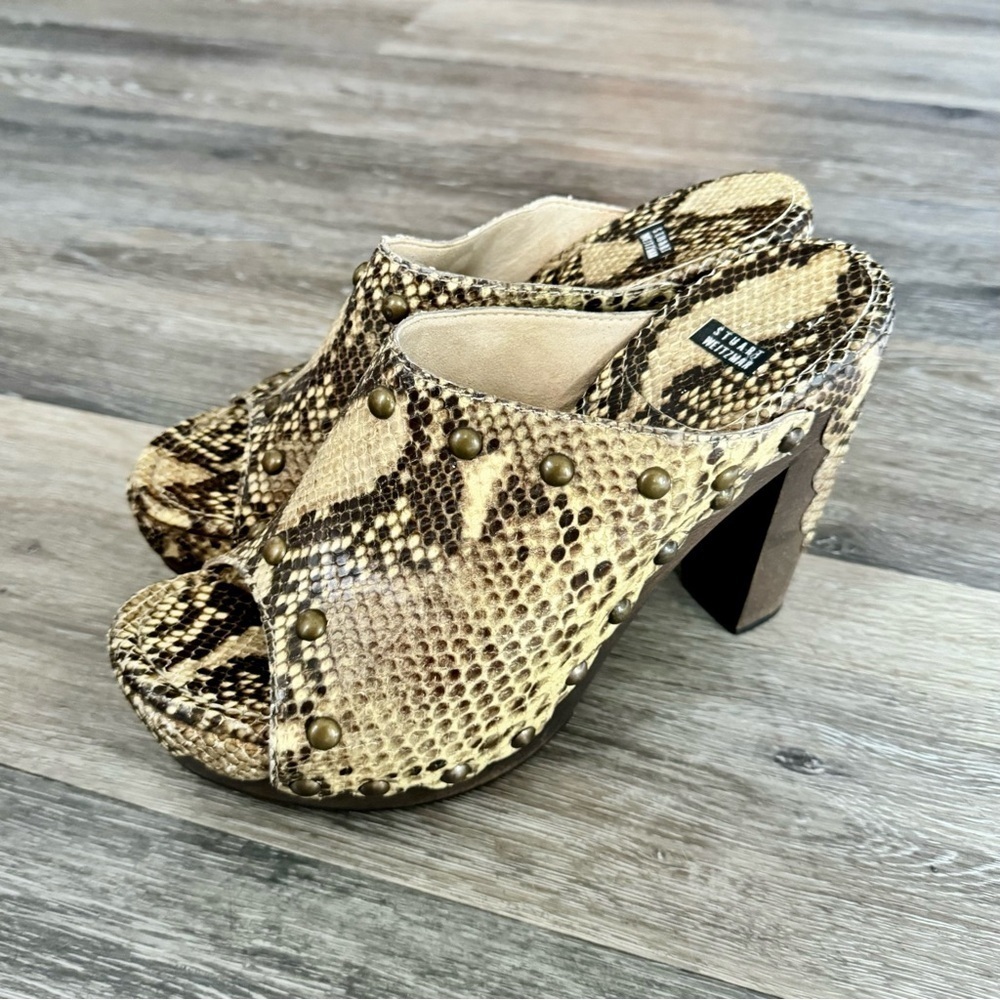 Stuart Weitzman Snake Print Platform Mule Clog Wood Heel Studded sequoia Sz 11